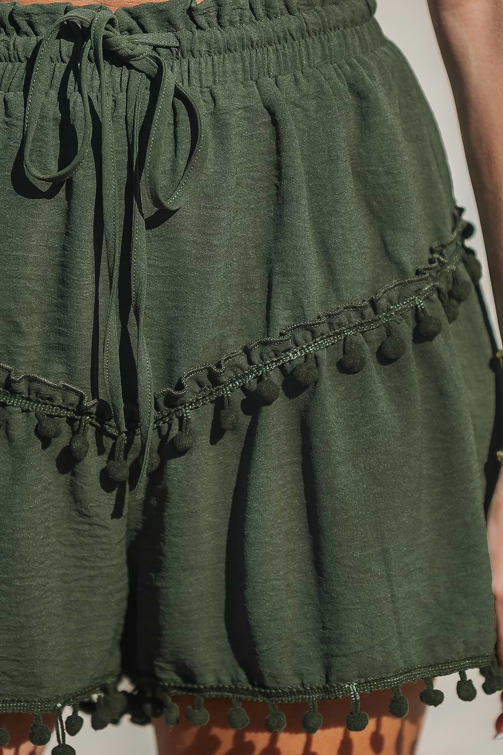 Olive Drawstring Pom-Pom Shorts