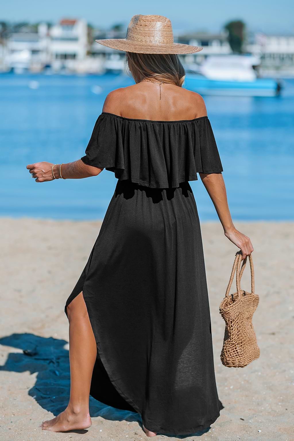 Black Off-Shoulder Flounce Bodice Maxi Dress