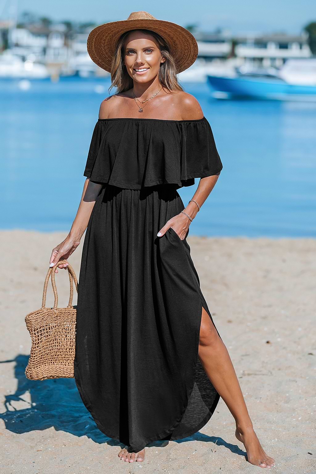 Black Off-Shoulder Flounce Bodice Maxi Dress