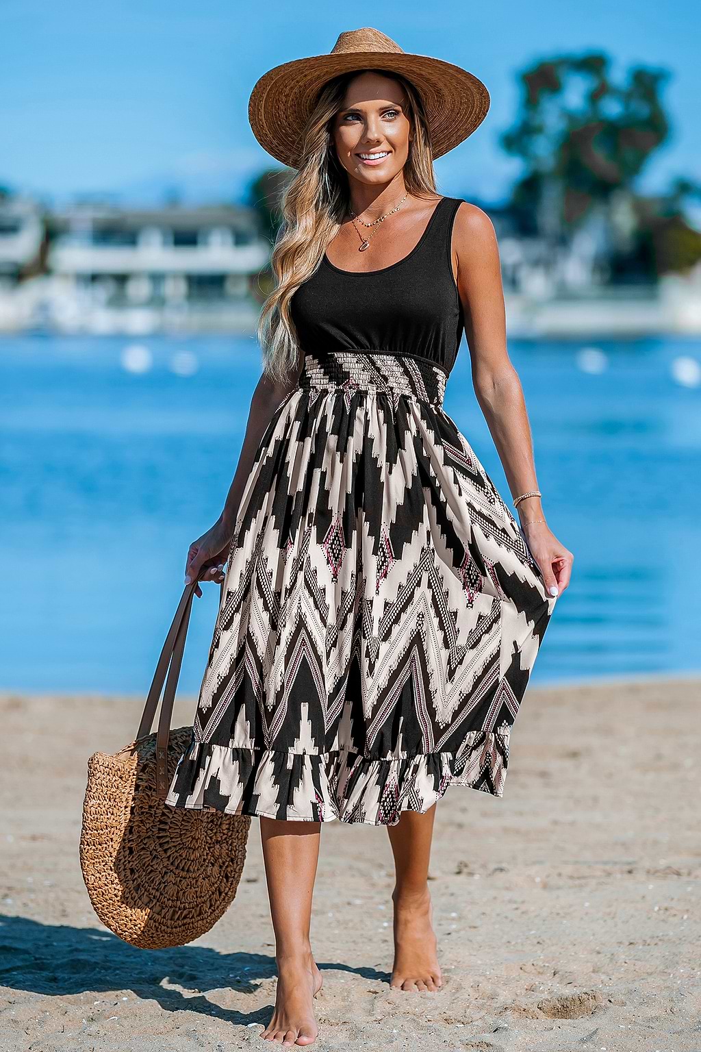 Geo Smocked Waist Ruffle Hem Midi Dress