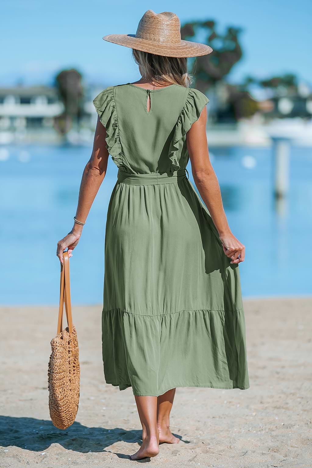 Sage Ruffle Sleeve Keyhole Midi Dress