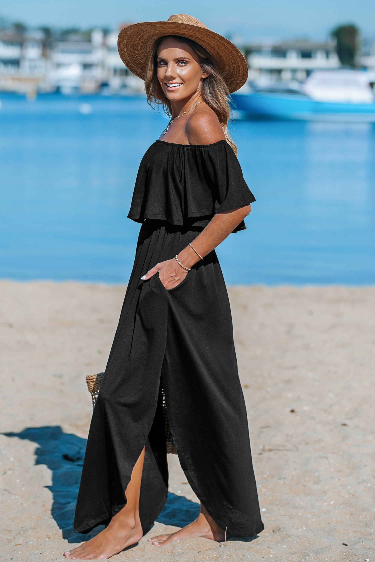 レディース20240523-0011 Black Off-Shoulder Flounce Bodice Maxi Dress