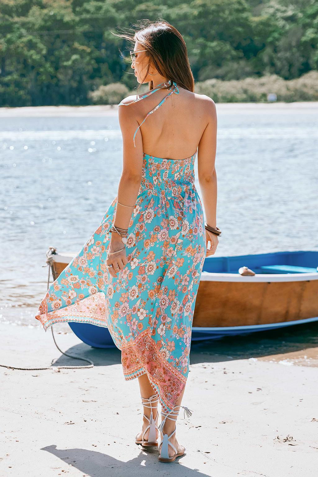 Pink & Aqua Floral Asymmetrical Midi Dress