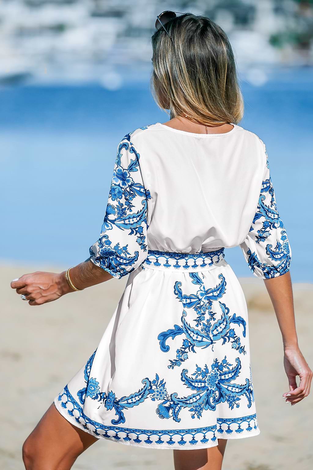 Blue & White Paisley Boho Puff Sleeve Mini Dress