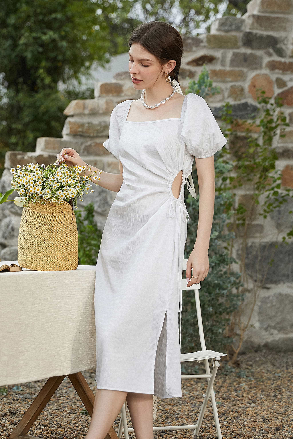 Ivory Puff Sleeve Cut-Out Maxi Dress