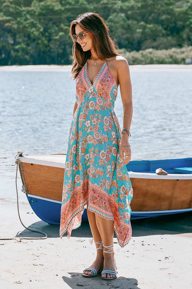 aqua floral lace midi dress AQUA Floral Lace Inset S/S Maxi w Smocked Waist AQUA / L main image 1
