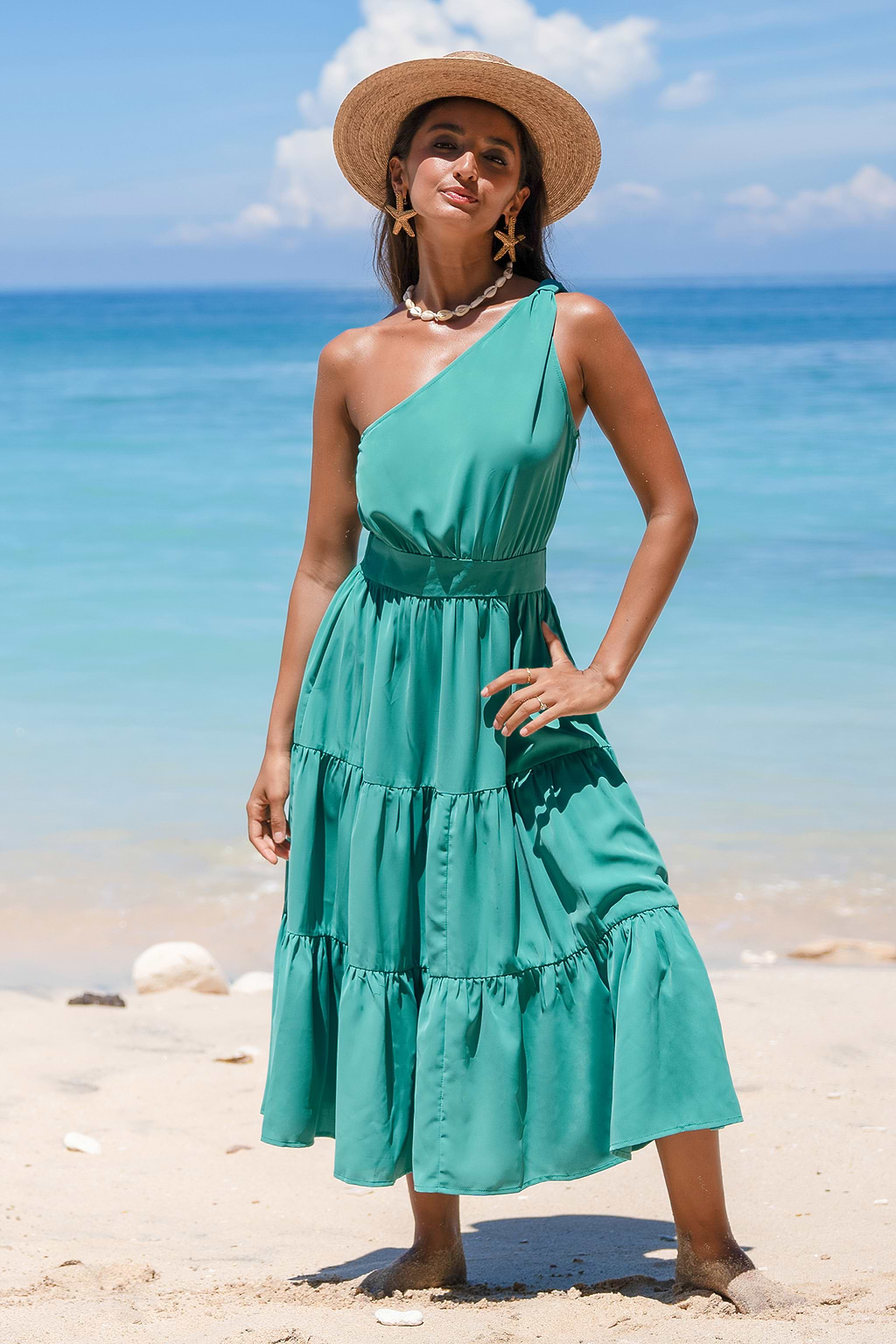 Aqua Sleeveless One-Shoulder Midi Dress