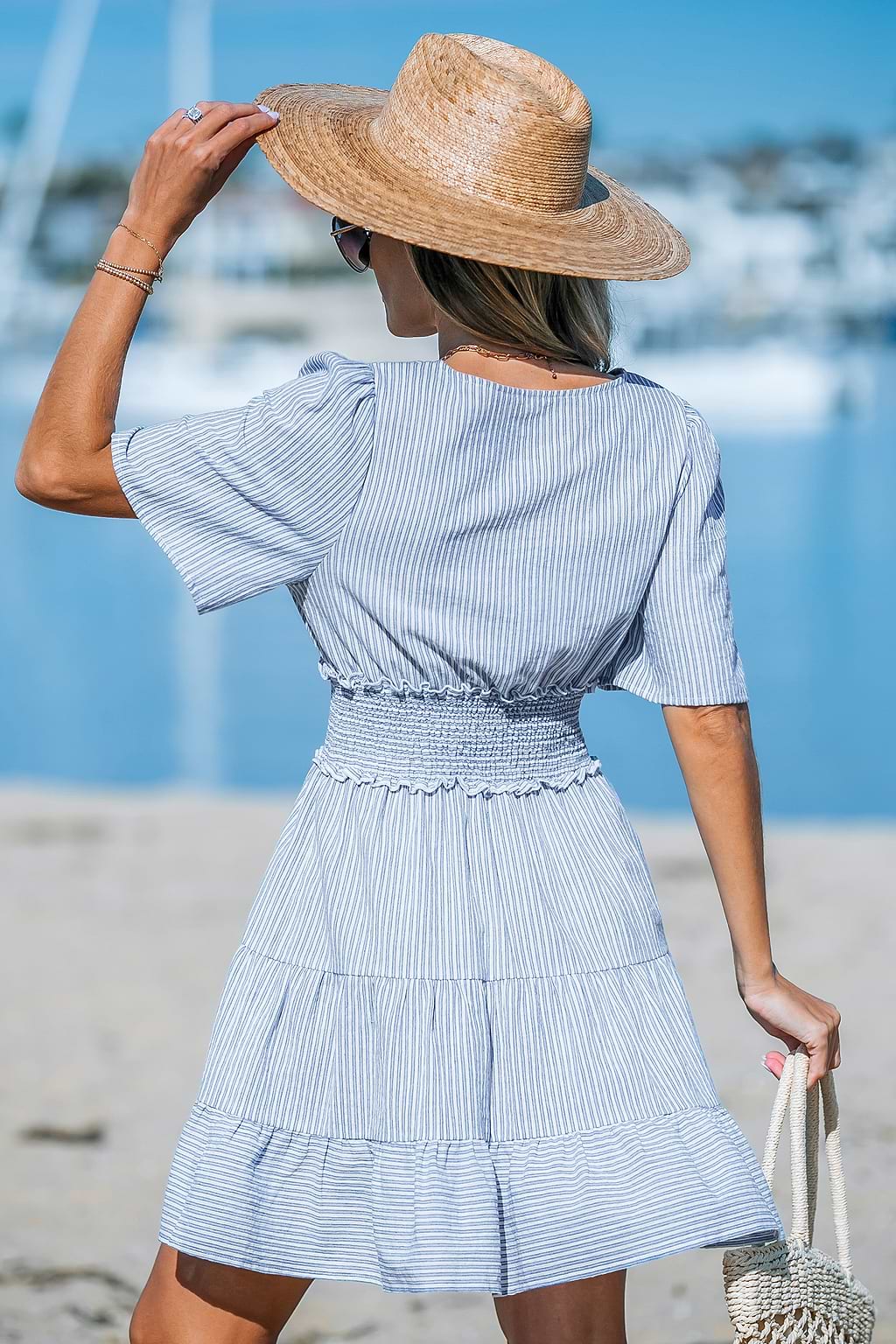 Blue & White Striped Ruffle Hem Mini Dress