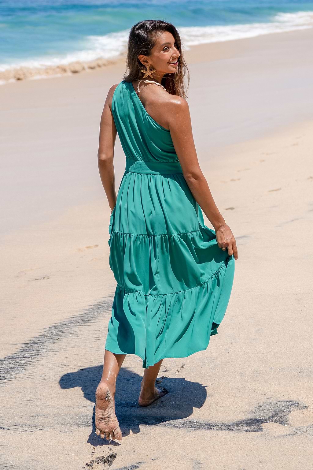 Aqua Sleeveless One-Shoulder Midi Dress
