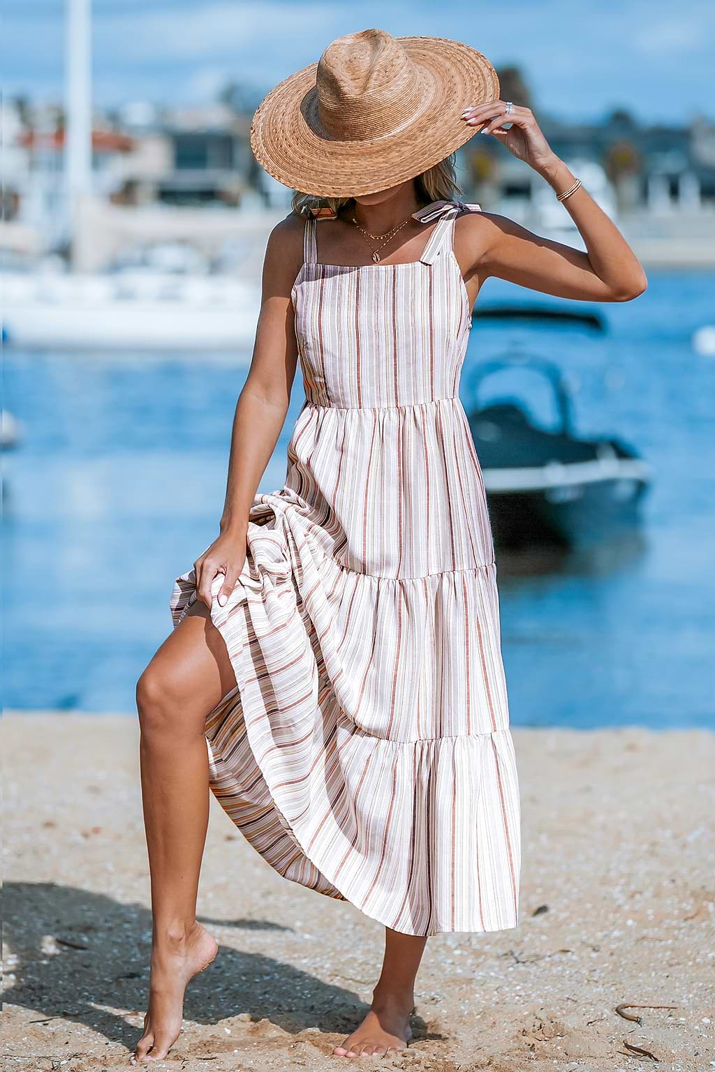 Striped Square Neck Tie Shoulder Maxi Dress