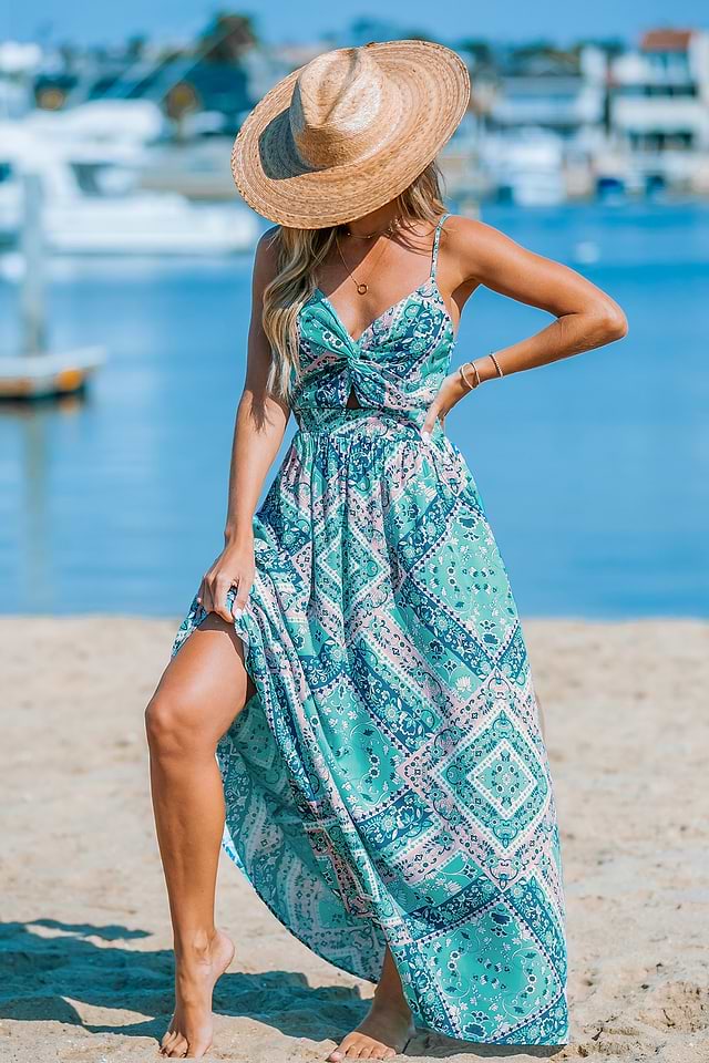 Teal & Pink Paisley Keyhole Twist Maxi Dress