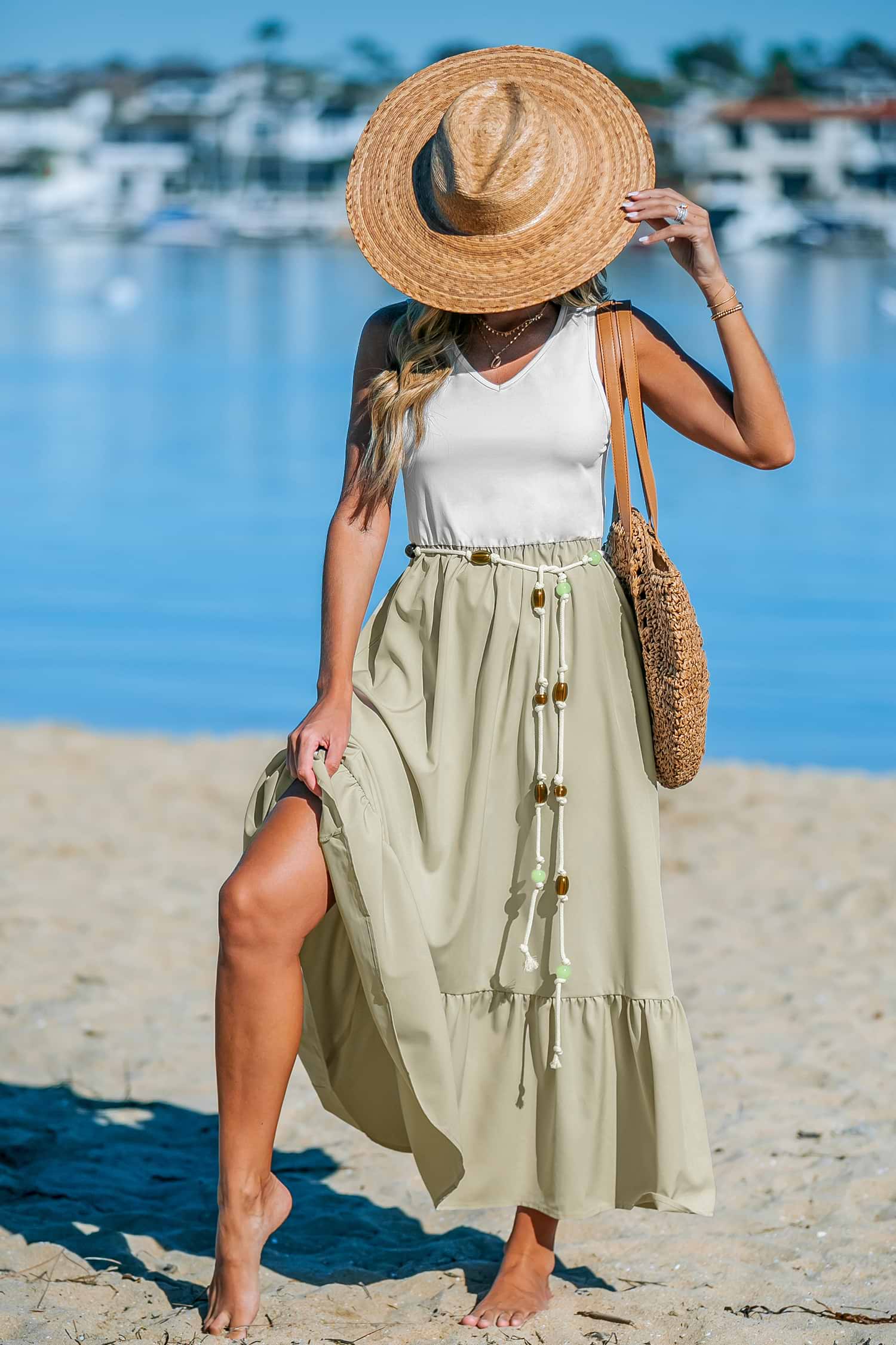 White Tank & Khaki Skirt Maxi Dress