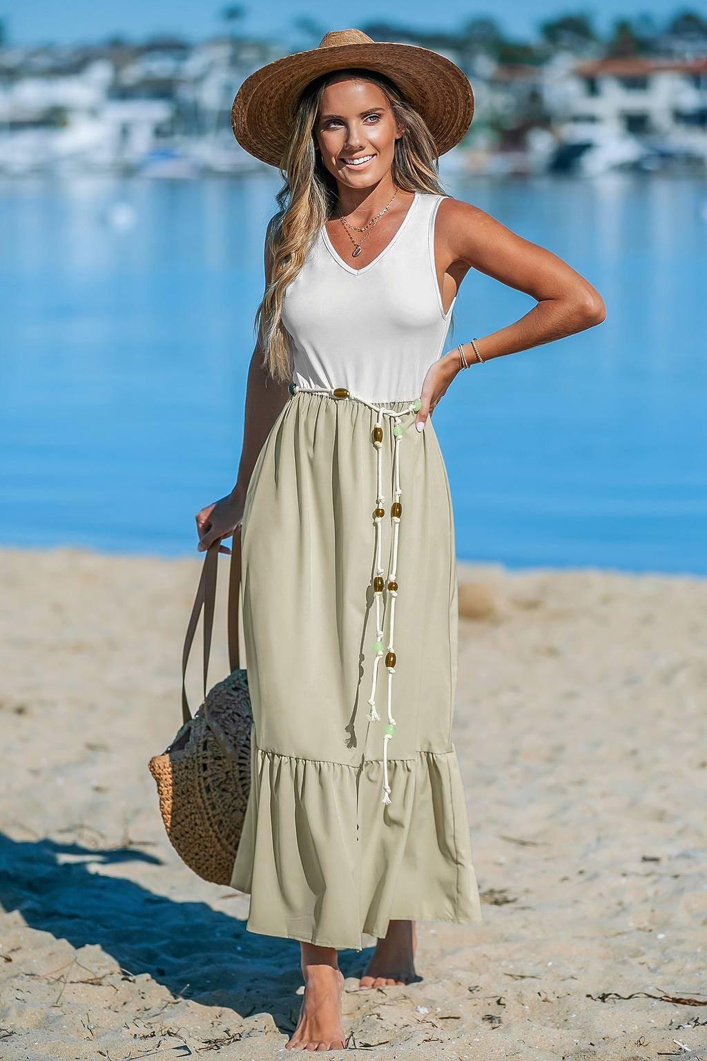 White Tank & Khaki Skirt Maxi Dress