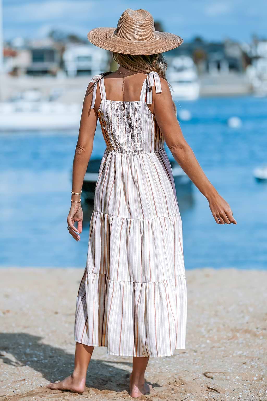Striped Square Neck Tie Shoulder Maxi Dress