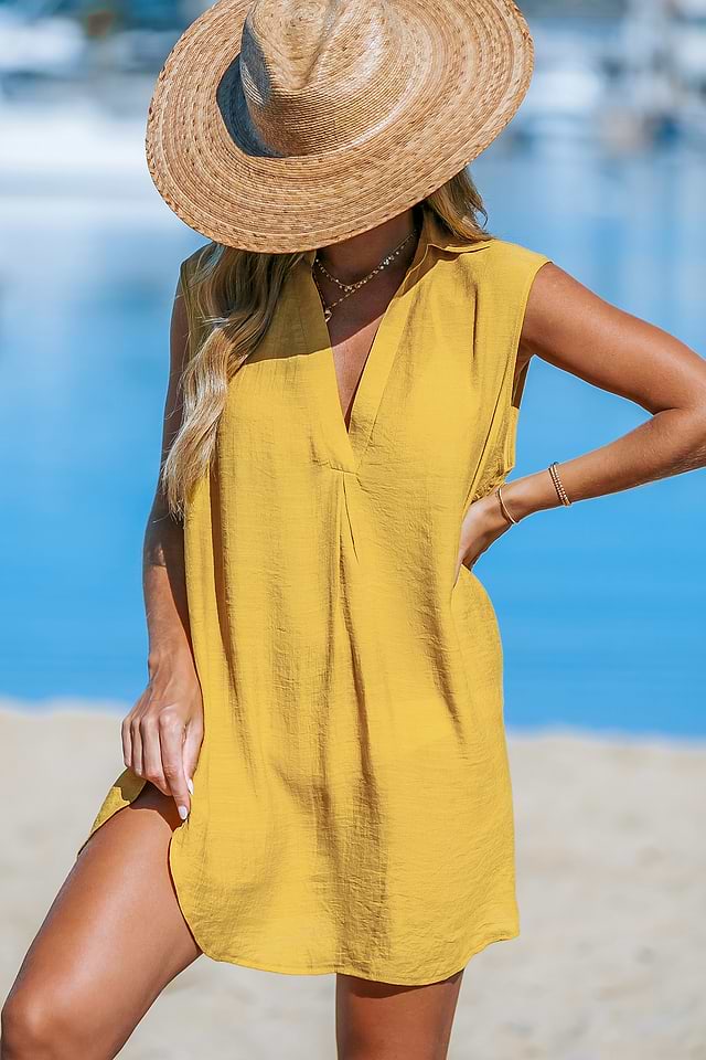 Yellow Split Neck Sleeveless Cover-Up Dress