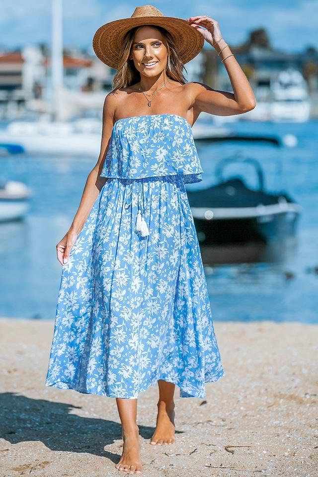 blue flounce dress Sky Blue Floral Flounce Tube Dress