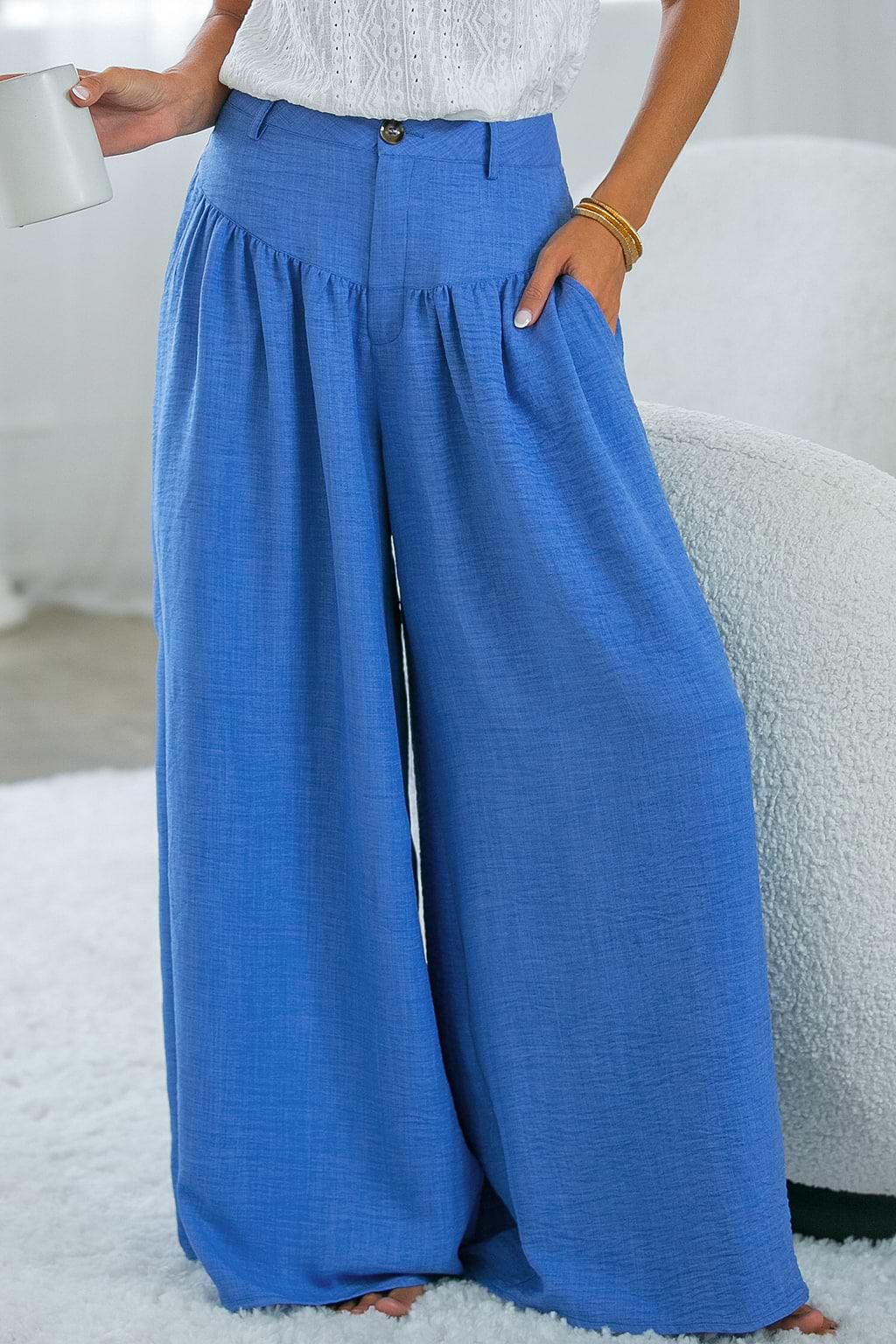 Blue Tie Waist Wide Leg Pants