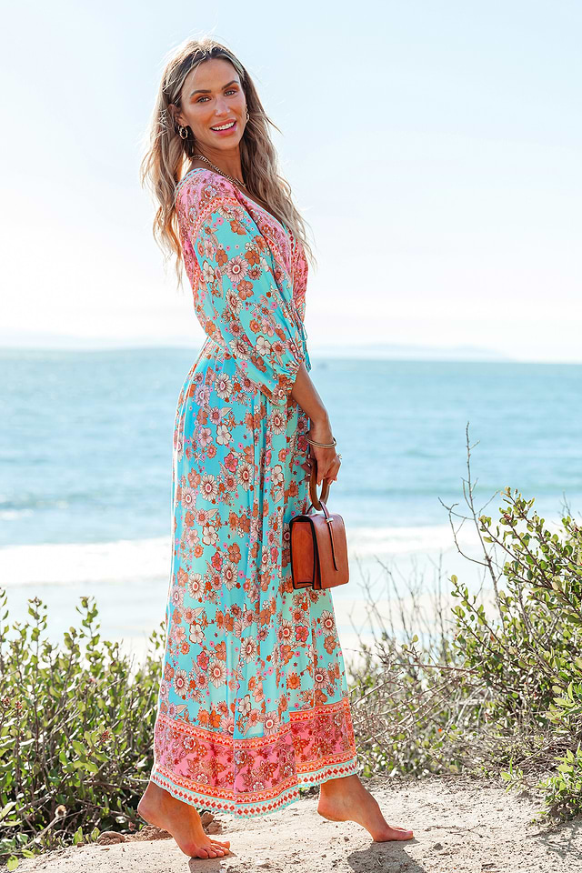 Teal & Pink Plunging Bubble Sleeve Maxi Dress