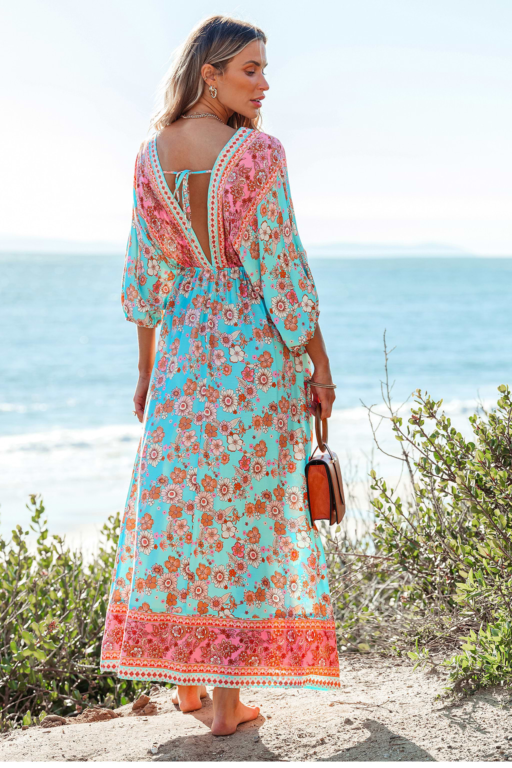 Teal & Pink Plunging Bubble Sleeve Maxi Dress