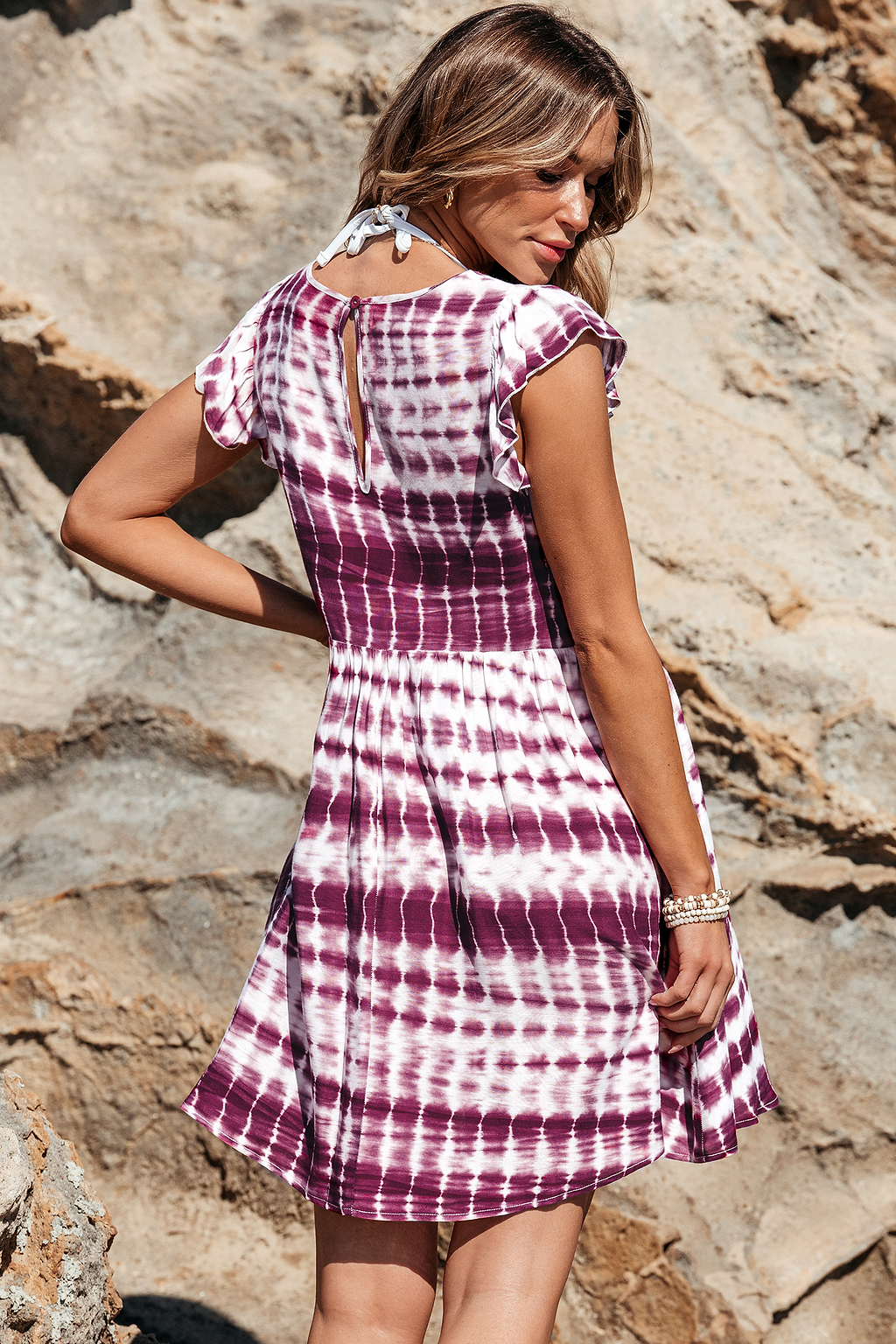 Red Tie Dye Jersey Flutter Sleeve Mini Dress