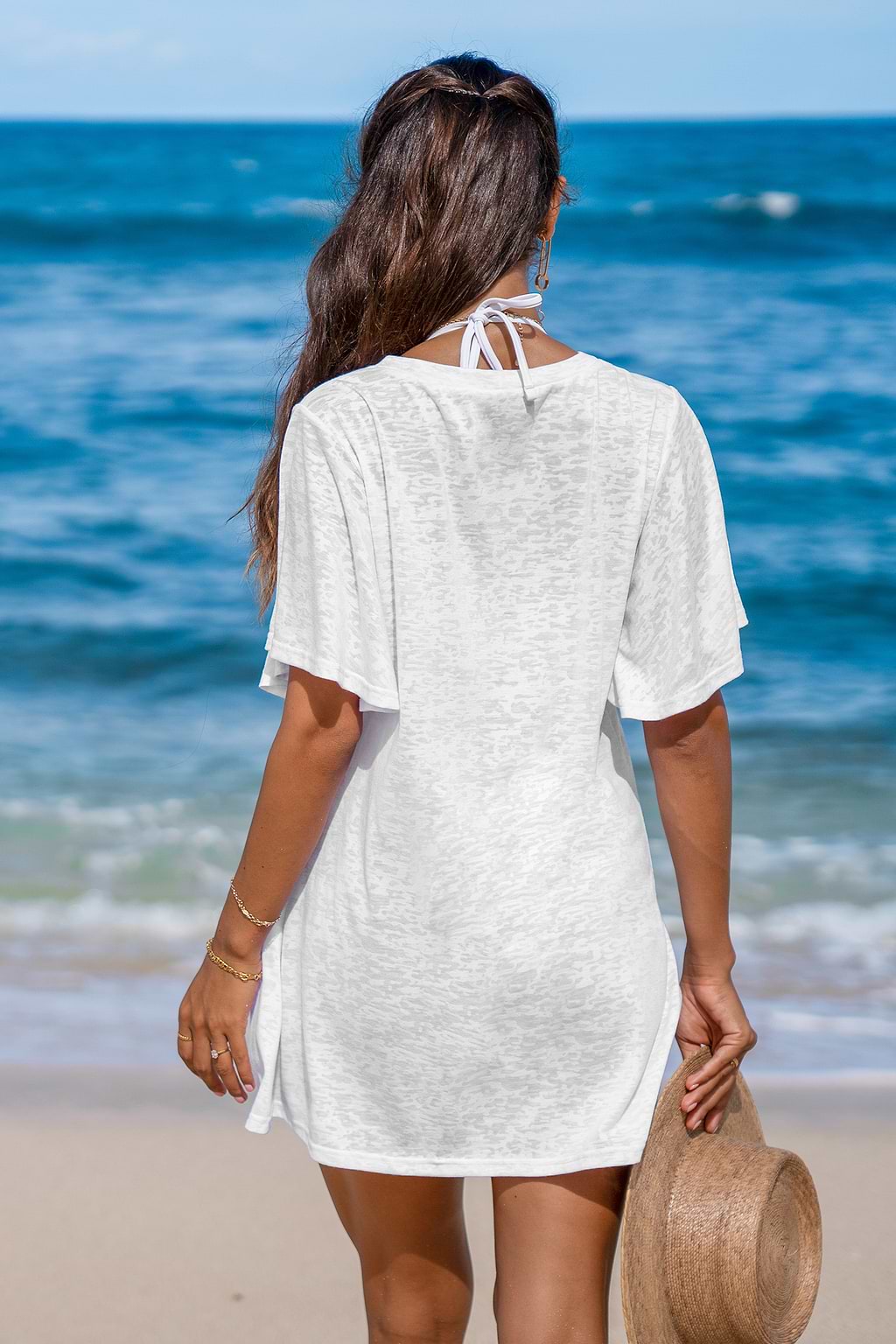Witte jersey cover-up met ruches en mouwen