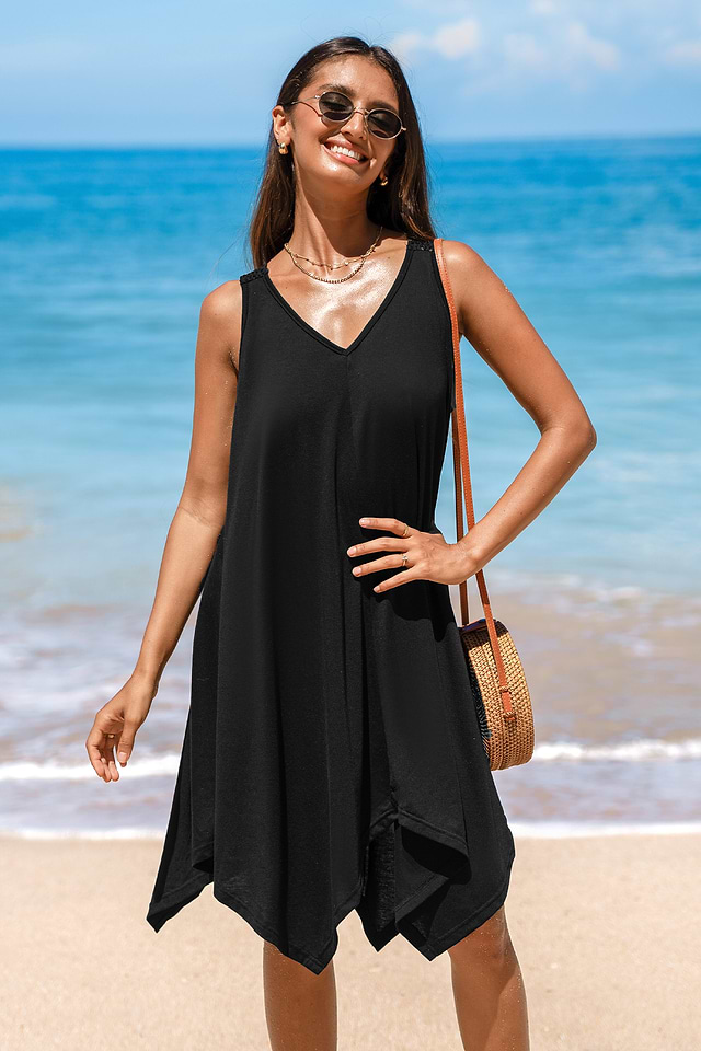 Black Jersey Handkerchief Hem Cover-Up Dress