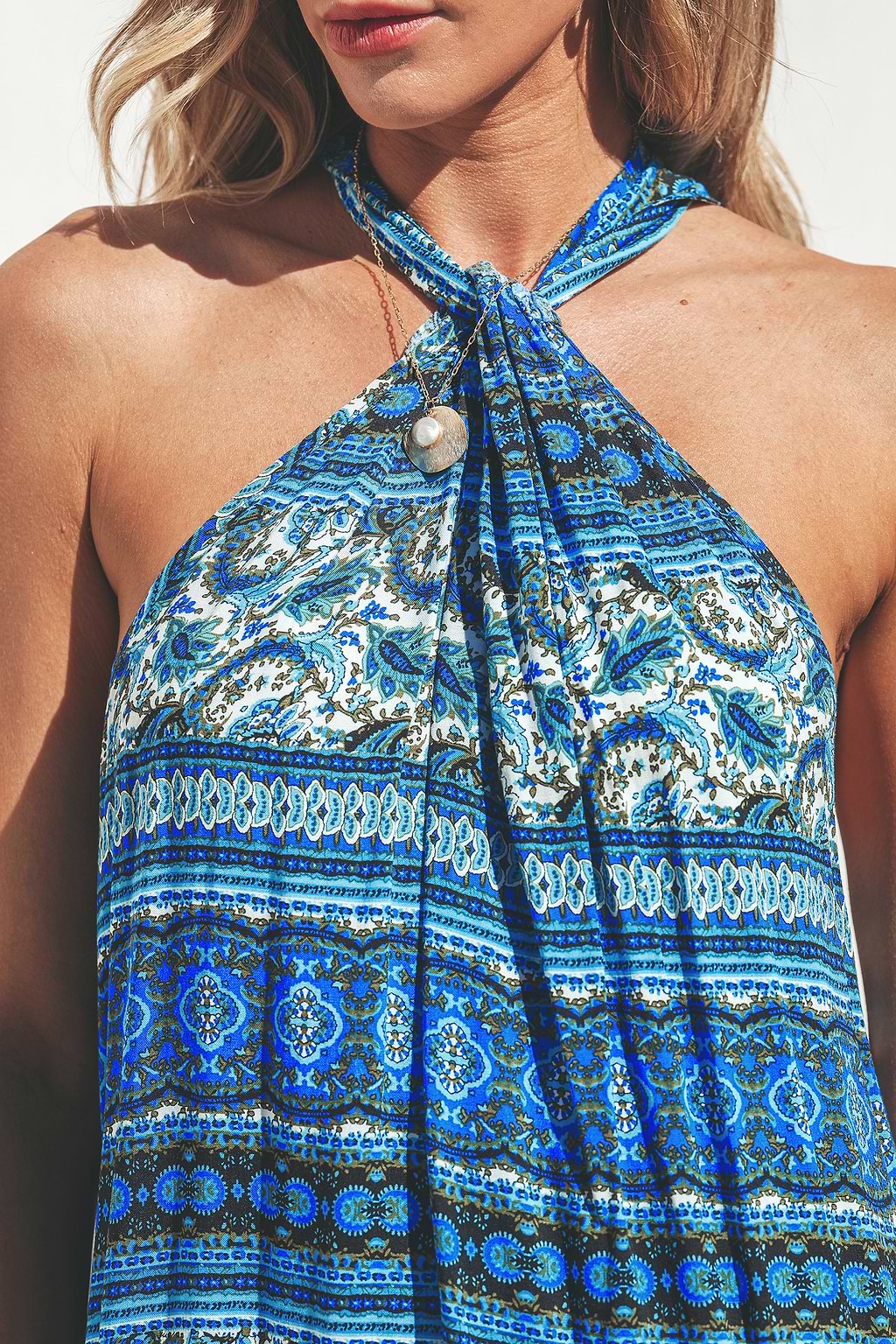 Blue Paisley Boho Halter Mini Dress