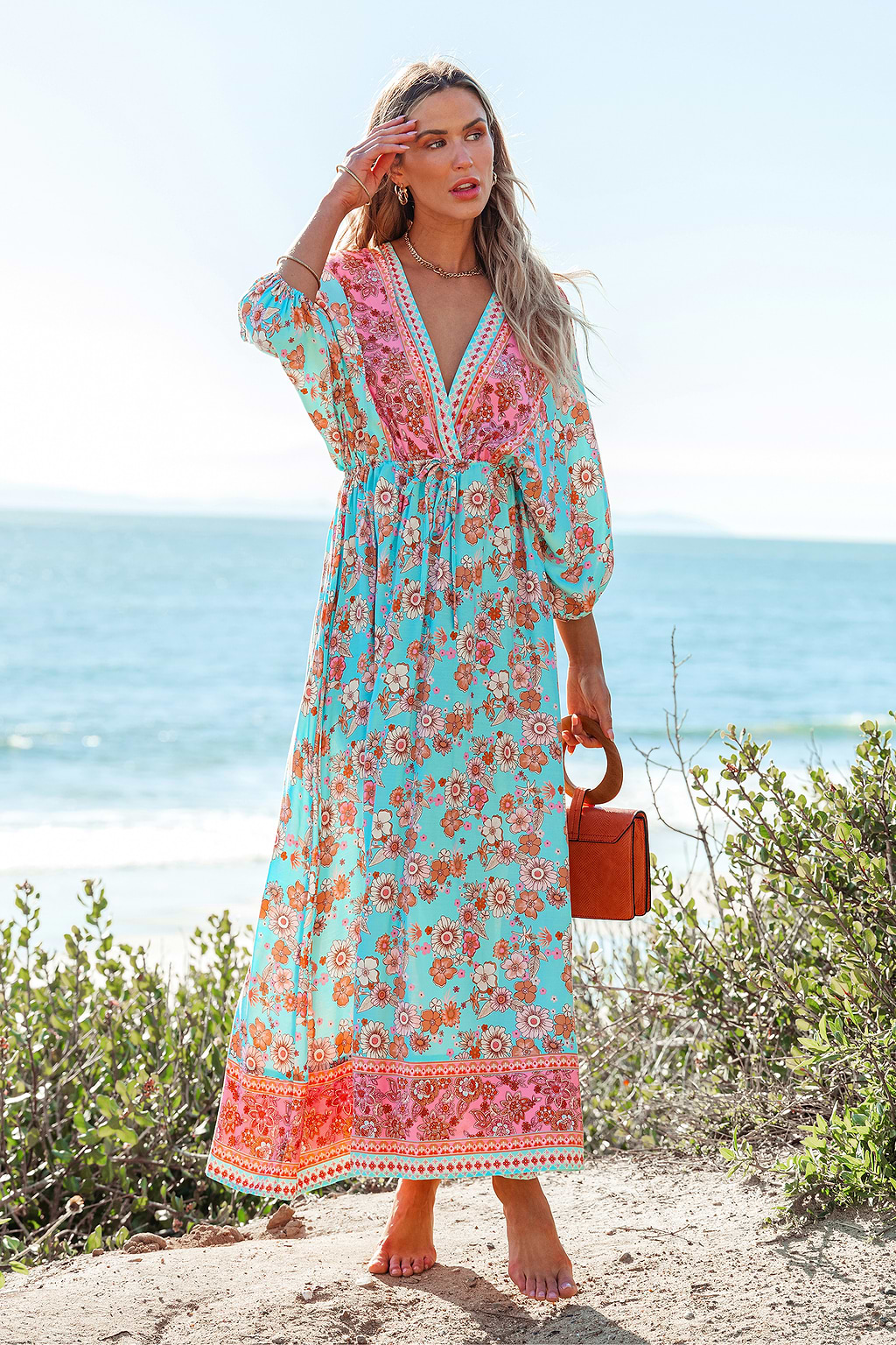 Teal & Pink Plunging Bubble Sleeve Maxi Dress