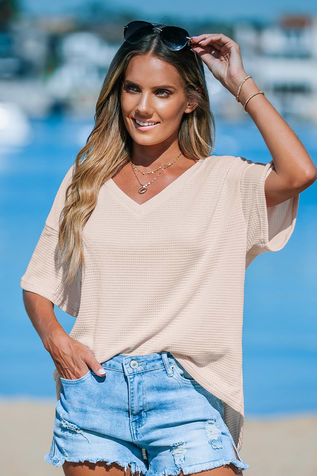 Aprikosenfarbenes Drop Shoulder Waffelstrick-T-Shirt