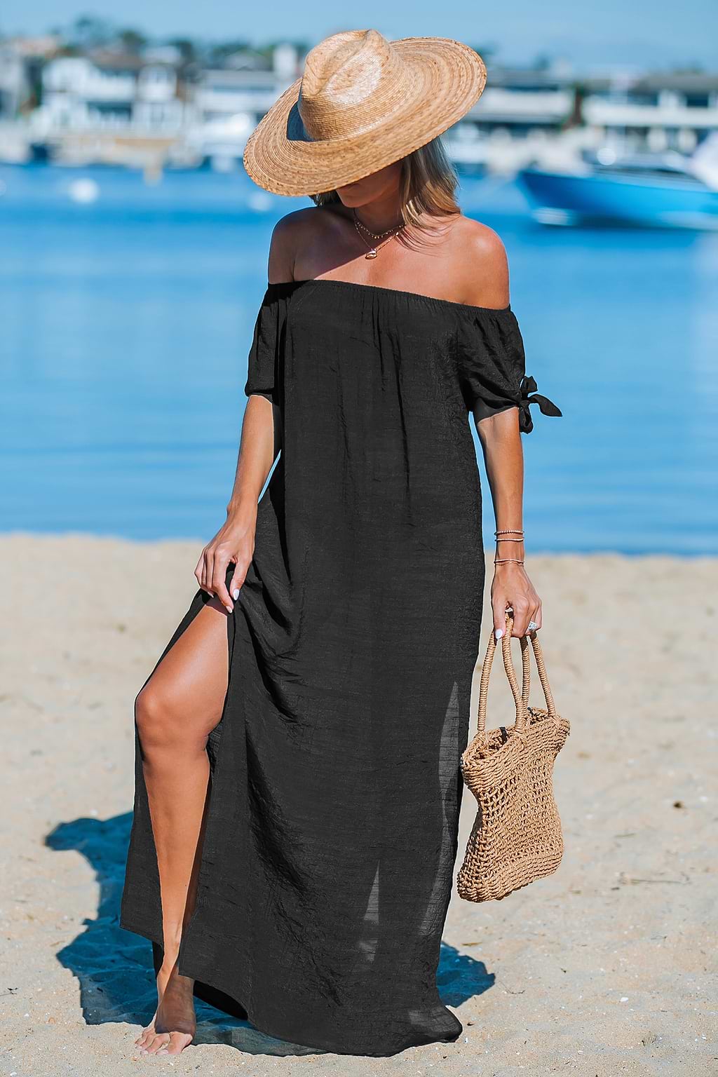 Black Off-Shoulder Side Slit Maxi Cover-Up