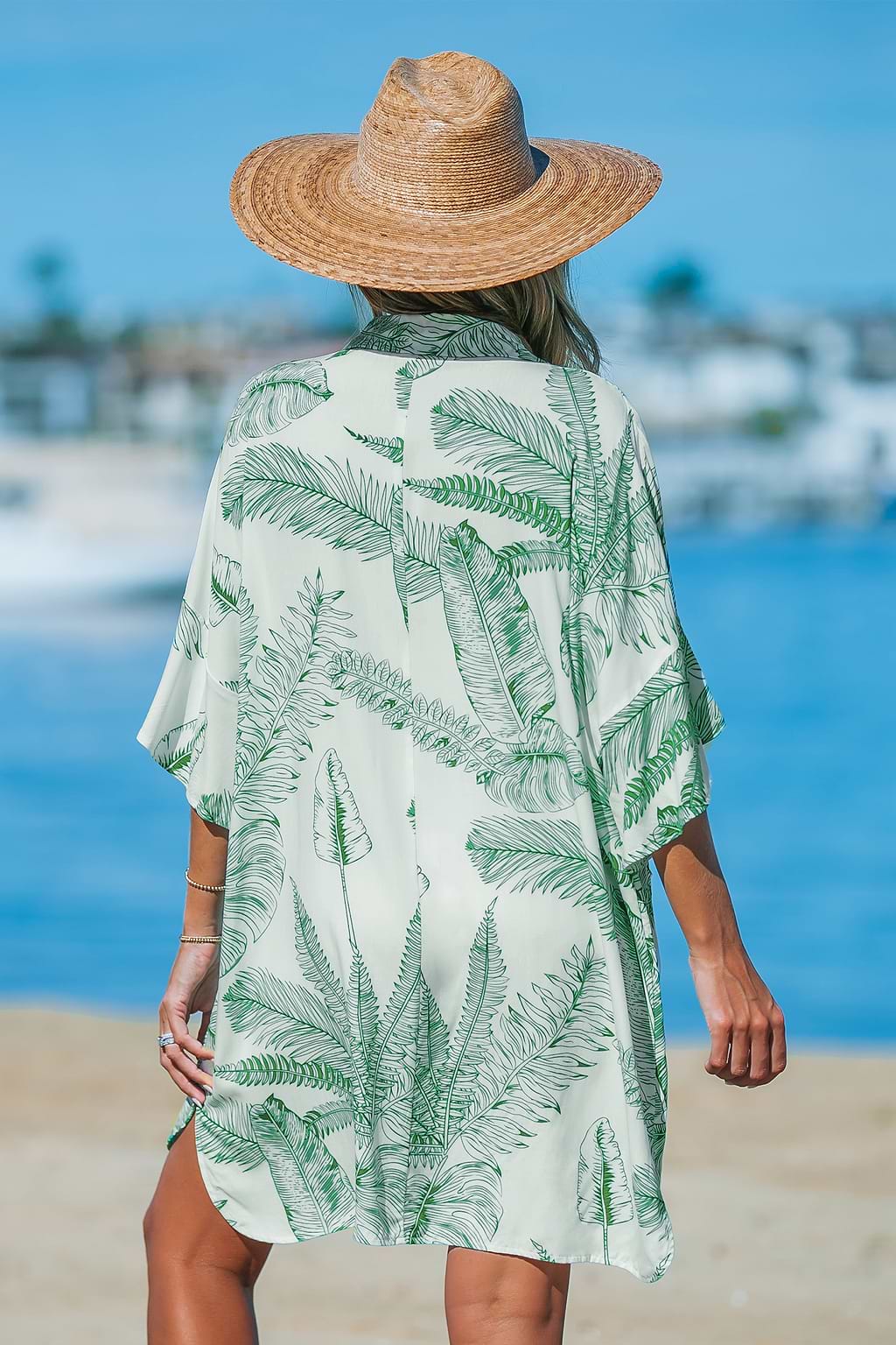 Green-and-White Palm Leaf Collared V-Neck Cover-Up