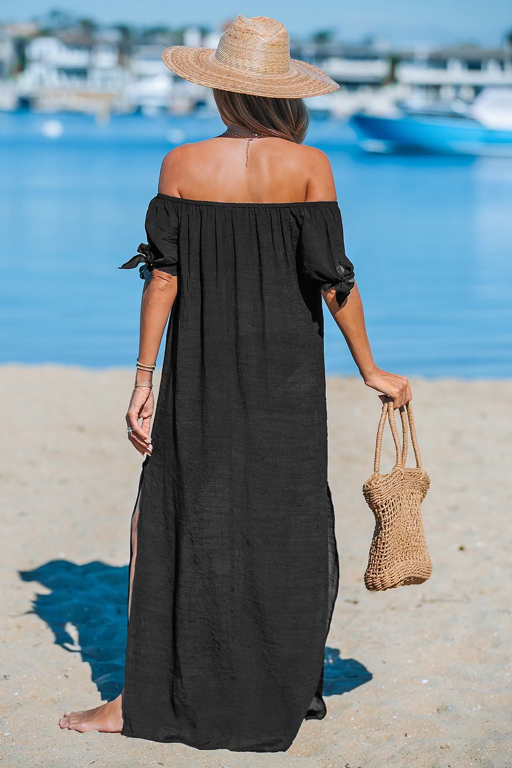 Black Off-Shoulder Side Slit Maxi Cover-Up