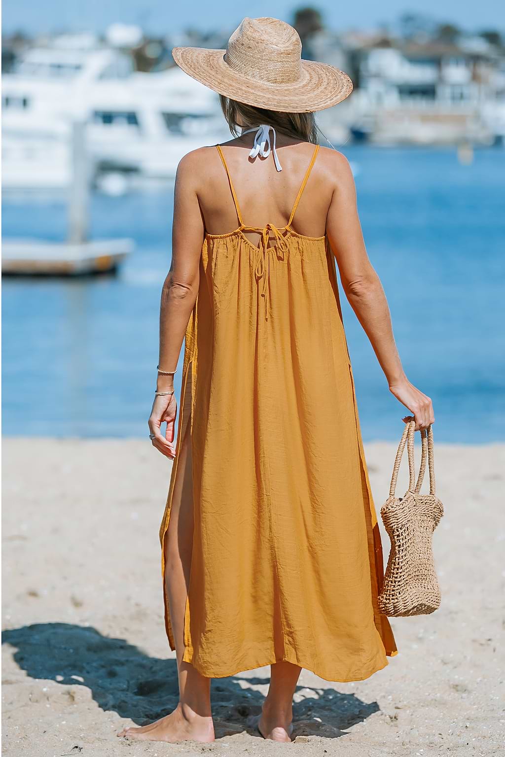 Mosterdkleurige mouwloze maxi cover-up