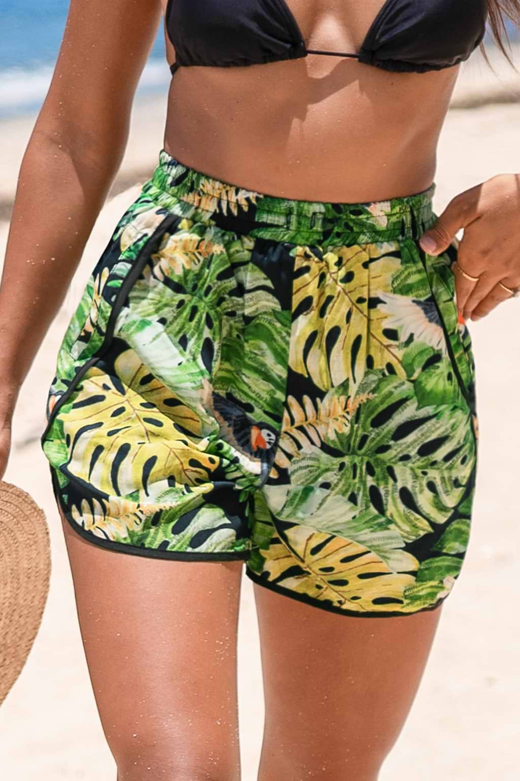 Tropical Drawstring Waist Straight Leg Shorts