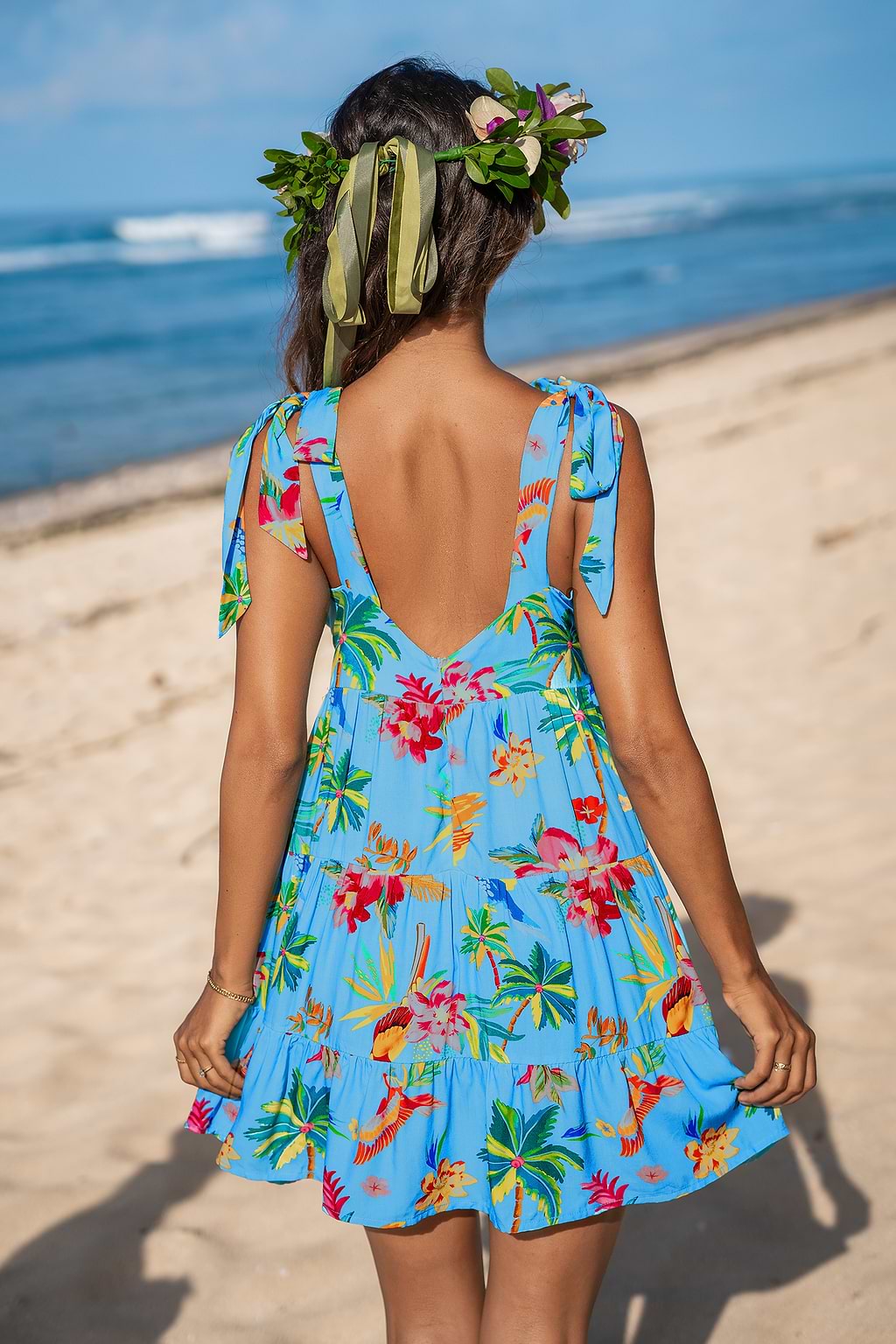 Parrot and Palm Bright Tropical Mini Dress