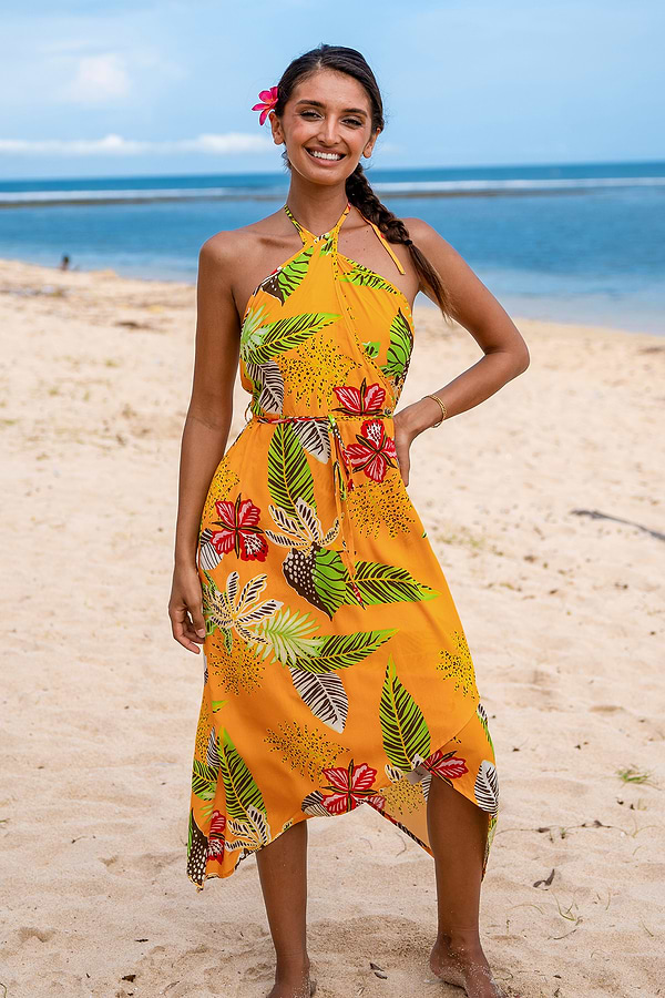 Tropical Sunset Asymmetrical Midi Dress