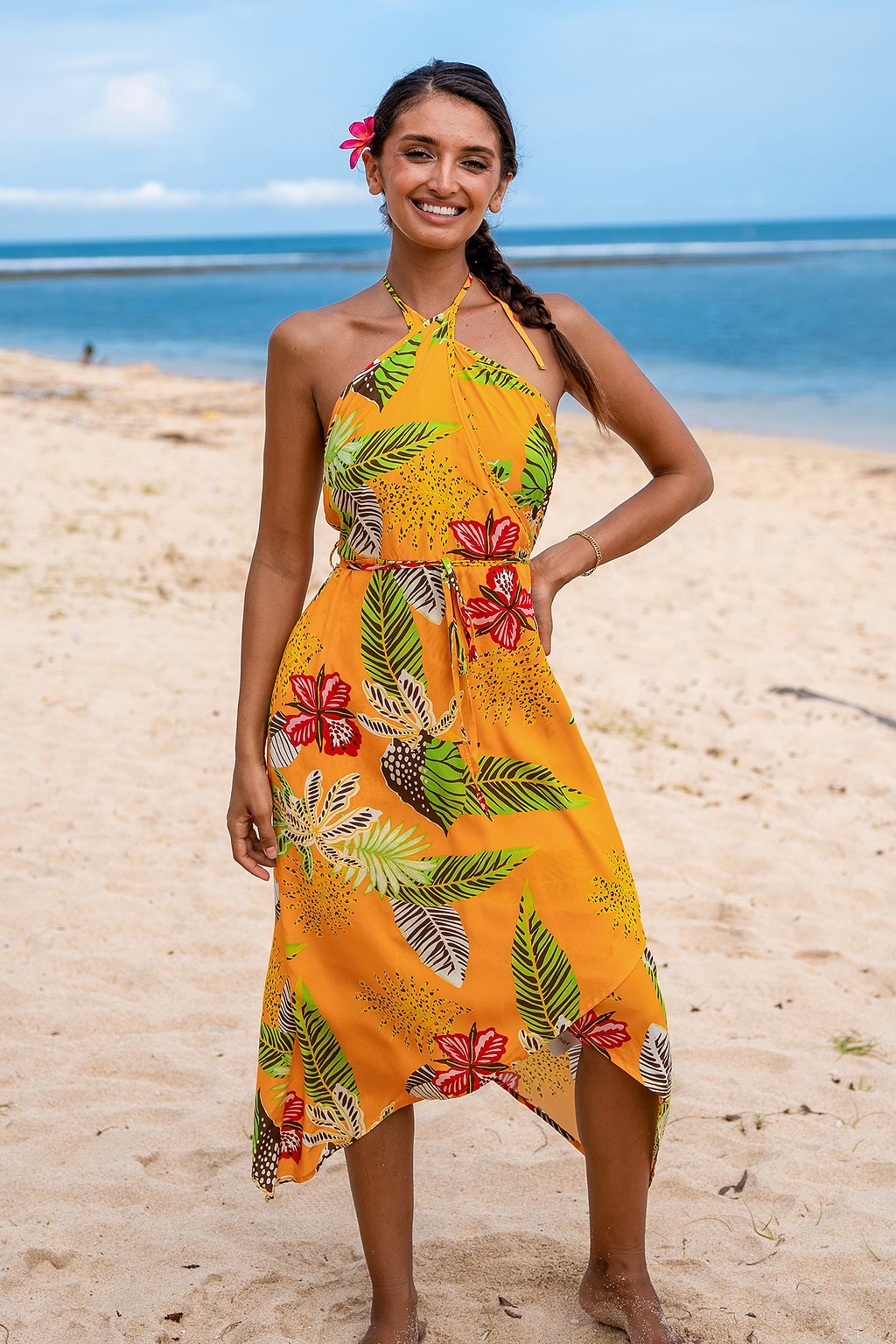 Robe midi asymétrique tropicale orange