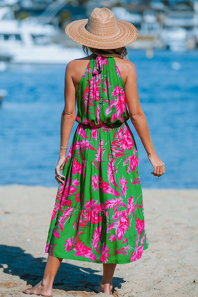 pink and green floral maxi dress Drawn Floral Print V Neck Tiered Woven Maxi Dress - Green / Pink