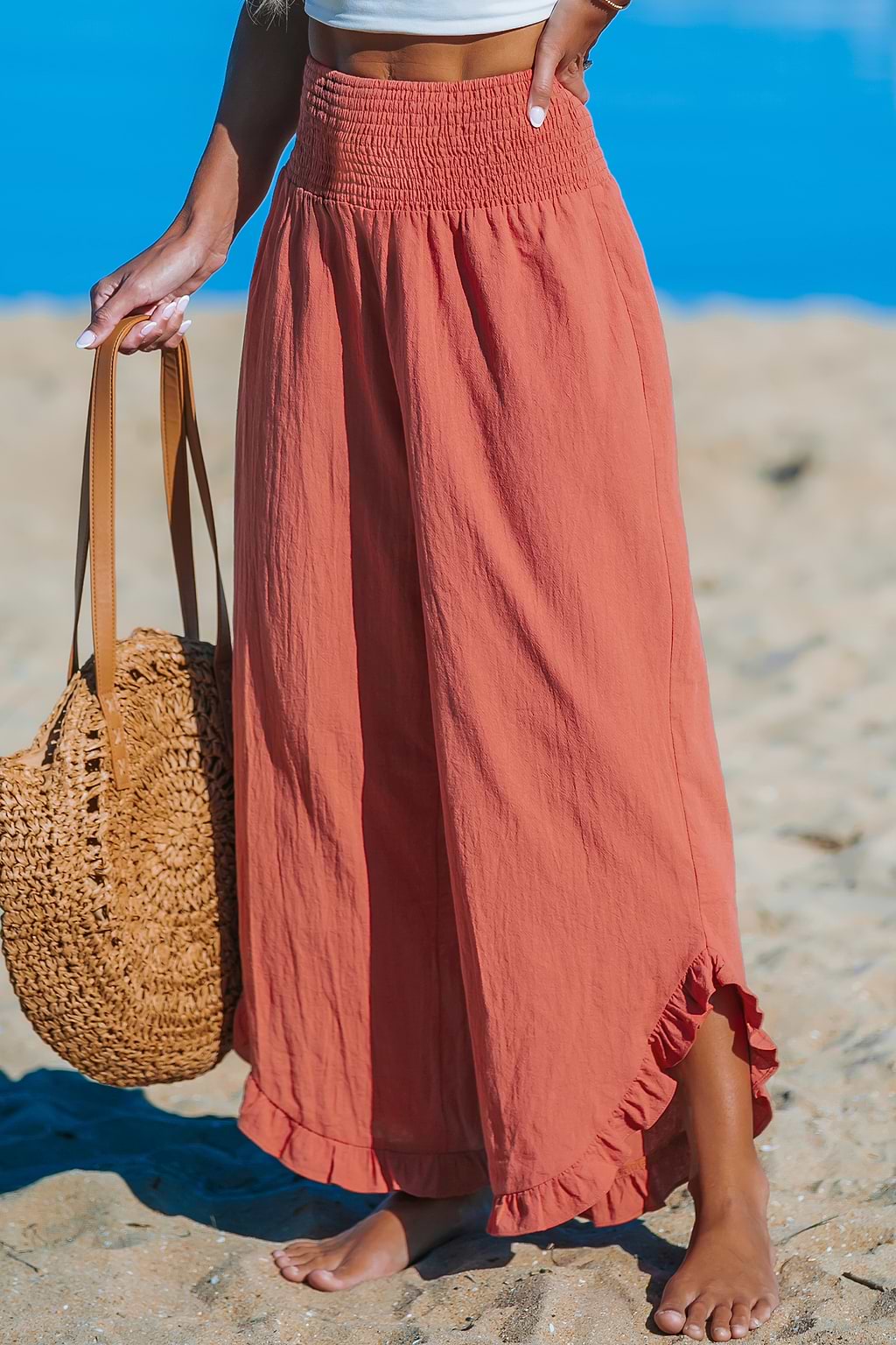 Red Smocked Waist Straight Leg Pants