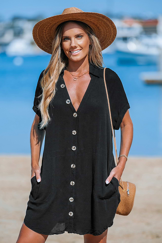Black Button-Up Cover-Up Shirt Dress