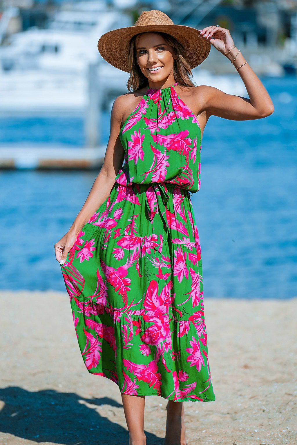Pink-and-Green Floral Maxi Halter Dress