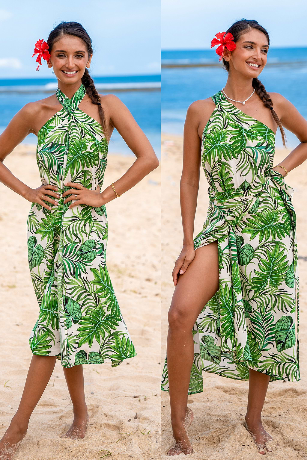 Green Palm Leaf One-Shoulder Maxi Cover-Up