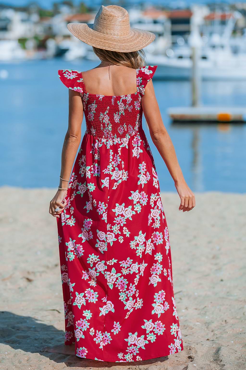 Red Floral Off-Shoulder Flutter Sleeve Maxi Dress