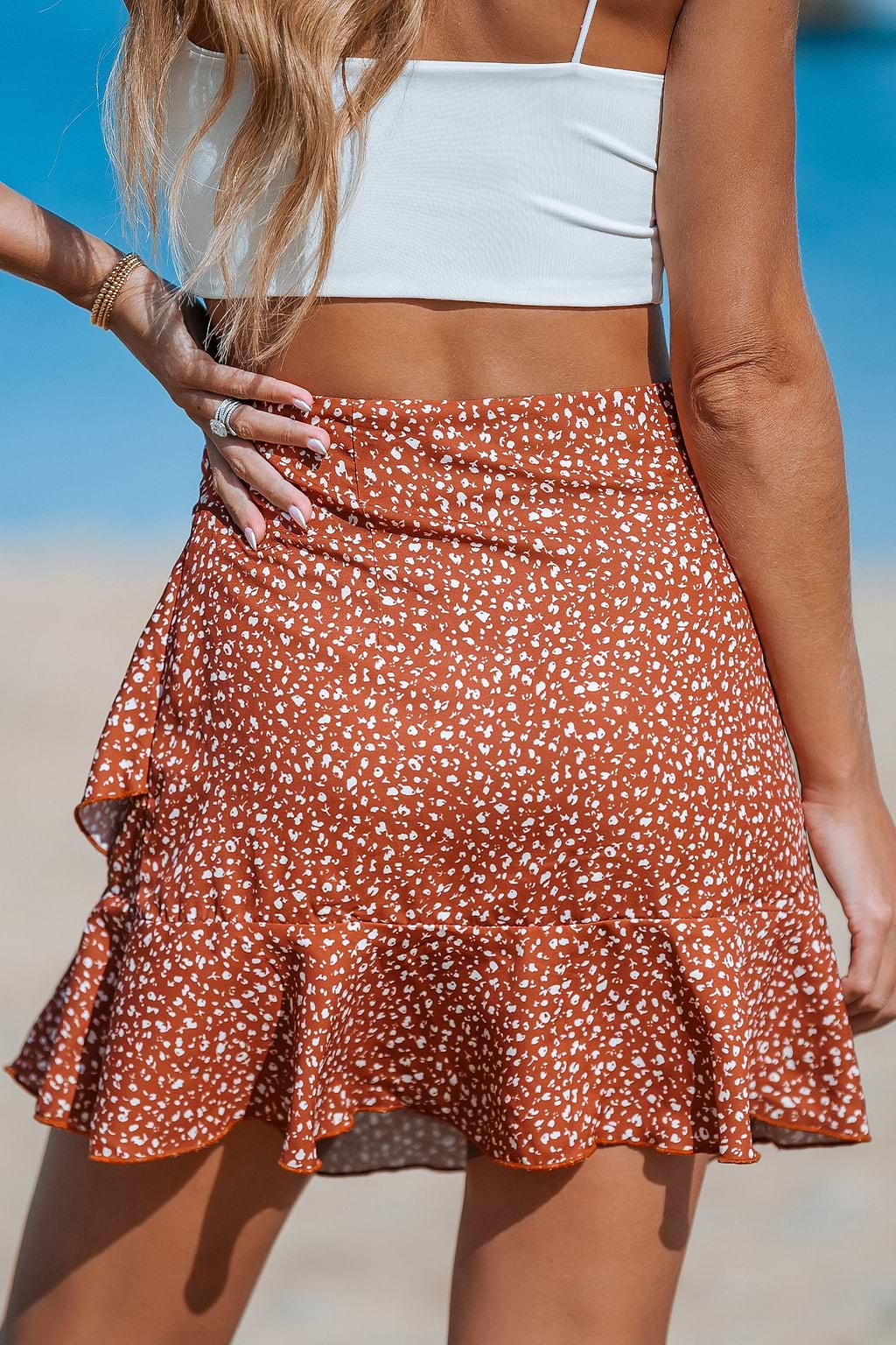 Brick Red Floral Ditsy Asymmetrical Ruffle Mini Skirt