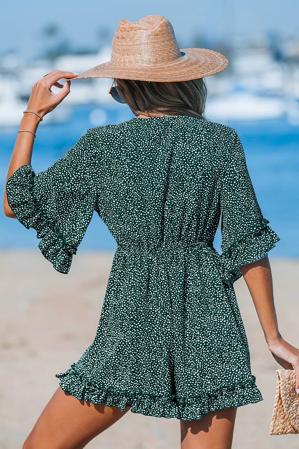 Green-and-White Polka Dot Front Tie Cutout Romper