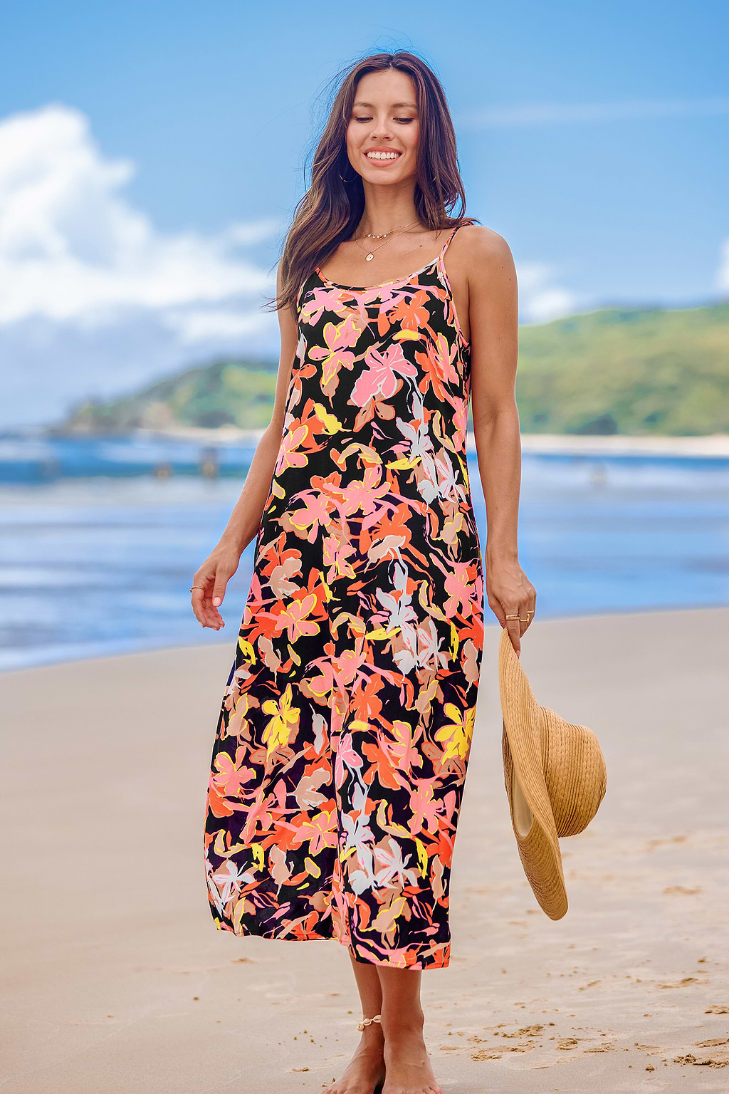 Maxi-Slipkleid mit U-Ausschnitt und Blumenmuster