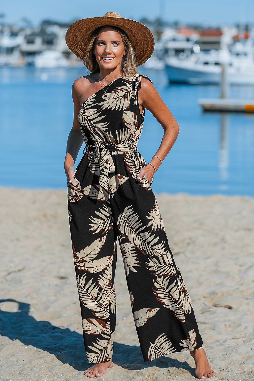 Midnight Tropics One-Shoulder Wide Leg Jumpsuit