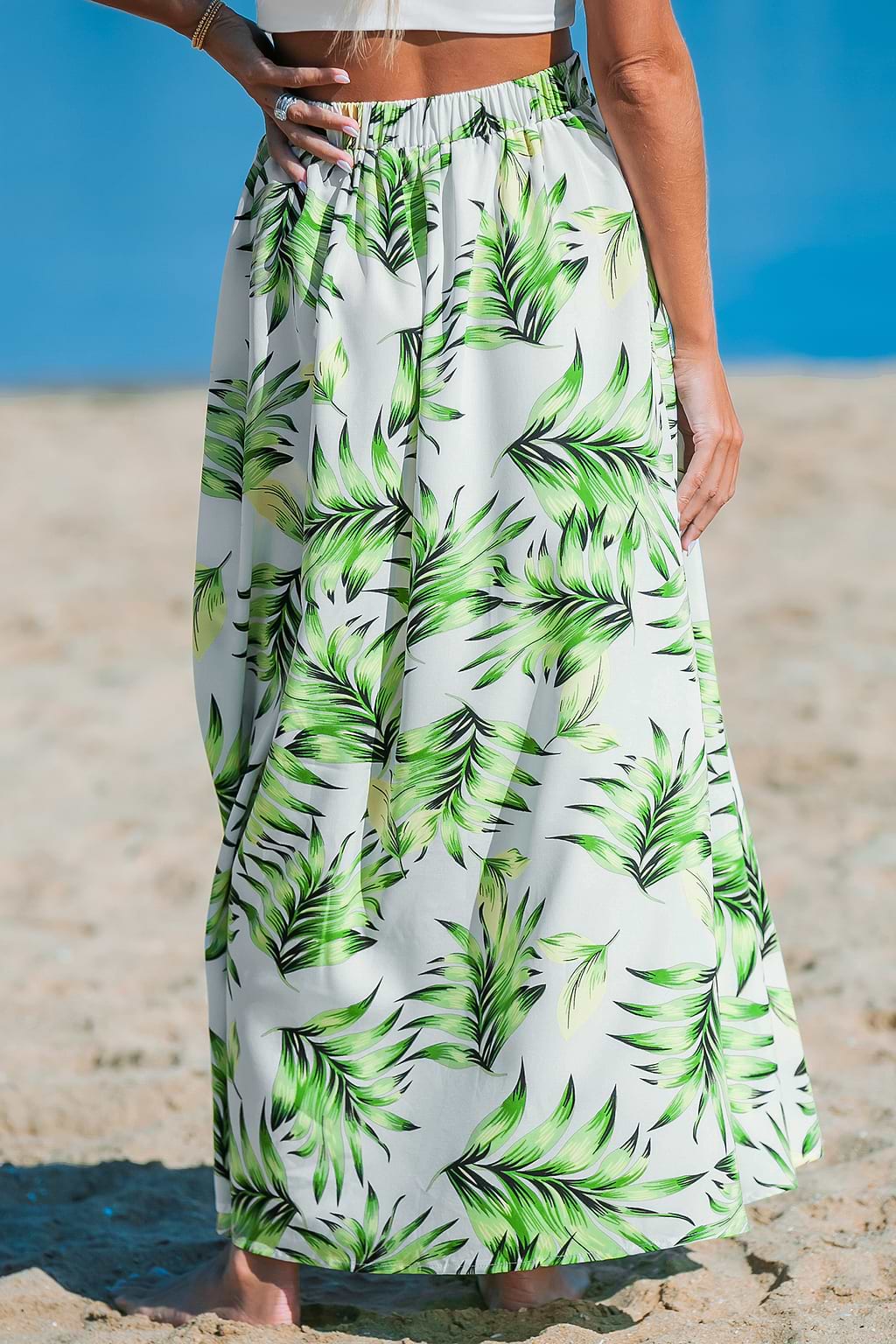 Falda larga tipo pareo tropical de hoja verde