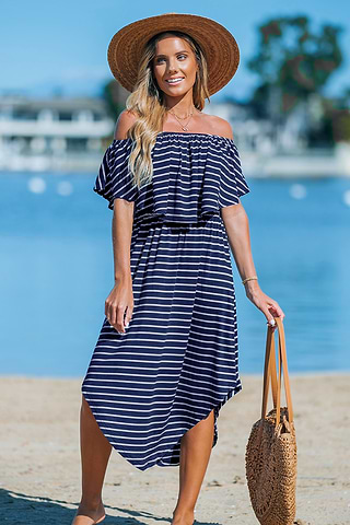 Vestito Midi Vestito Lungo A Righe Bianco E Blu Vestito Midi