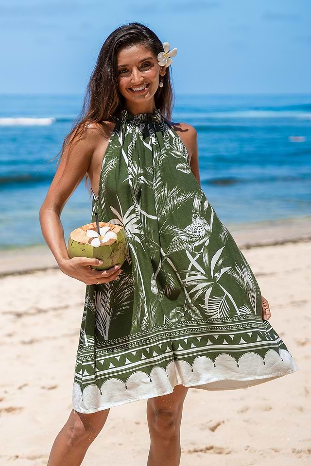 Palm Leaf Halter Mini Tent Dress